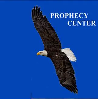Eagle flying against blue background, "Prophecy Center".