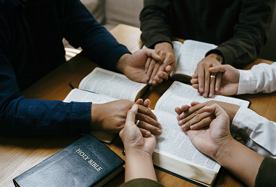 People holding hands, praying with Bible.