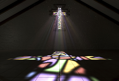 Stained glass cross casting colorful shadow.