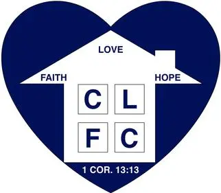 Blue heart with house, faith, hope, love.